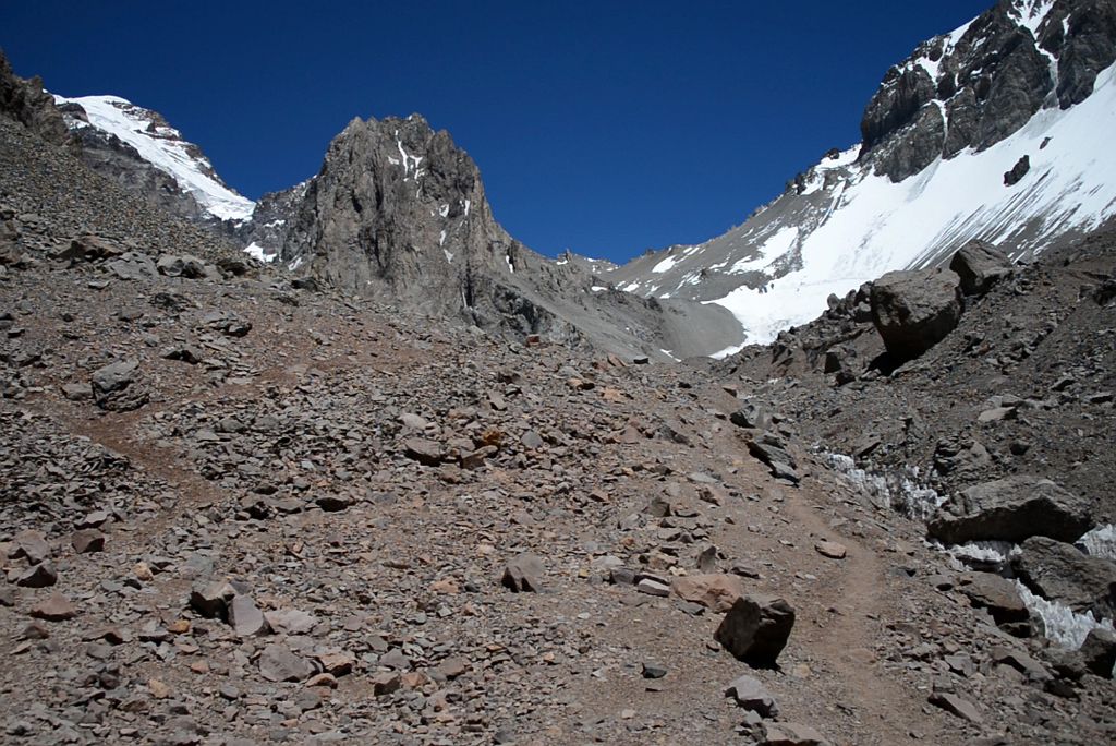 07 The Trail Ahead From The Top Of The Narrow Gully 4550m With Aconcagua On Left And Ameghino On Right On The Climb From Plaza Argentina Base Camp To Camp 1
